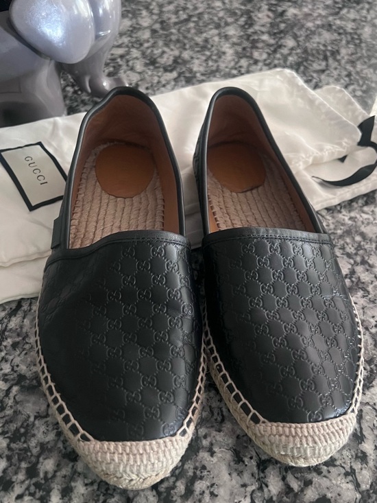 Gucci Shoes - Gucci Black Leather Espadrille Slip-Ons with Braided Trim